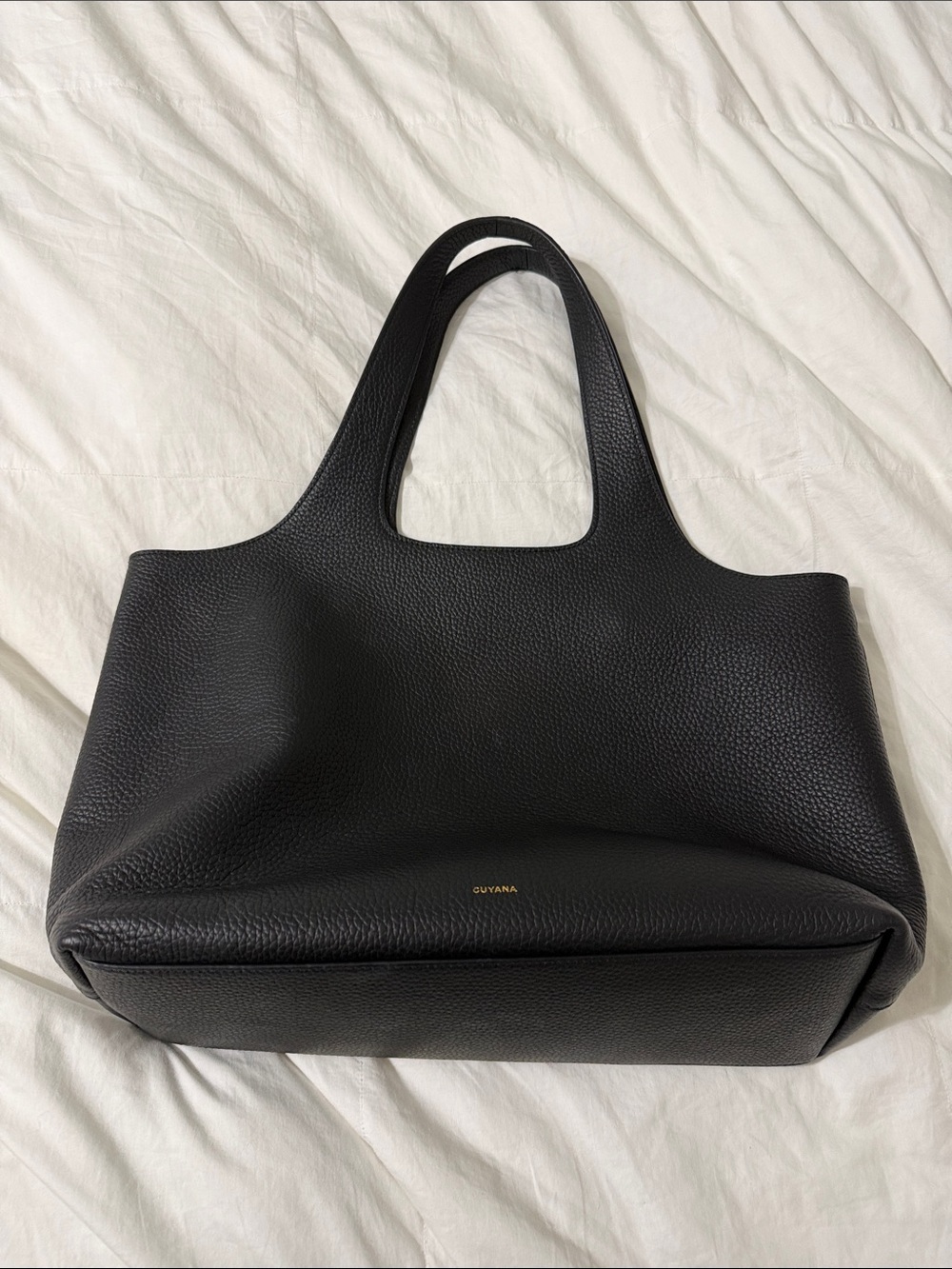 Cuyana Black Pebbled Leather Tote with Gold Logo